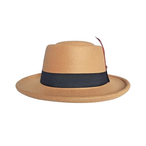 Punctualgood Wool Felt Fedora Hats for Women Men, Wide Brim Flat Top Hat Porkpie Hat, Jazz Hat with Feather Unisex