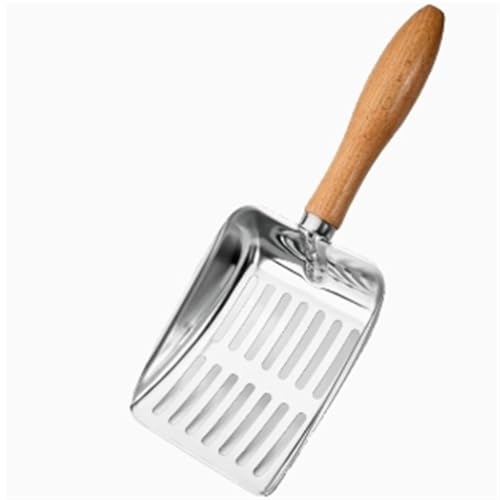 猫砂シャベル ステンレススチール製猫砂スコップ 木製ハンドルスコップ 細穴ロングハンドル猫砂スコップ ペット用スコップ 猫用トイレシャベル