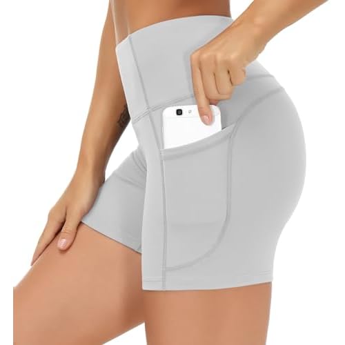 THE GYM PEOPLE High Waist Yoga Shorts for Women's Tummy Control Fitness Athletic Workout Running Shorts with Deep Pockets X-Large Bright Grey