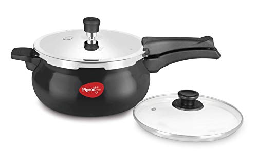 Pigeon by Stovekraft Titanium Hard Anodised Aluminium Handi Outer Lid Pressure Cooker with Induction base and Stainless Steel Lid and Glass Lid, 5 Litres