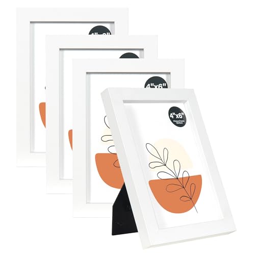 KAIWIN Bilderrahmen Weiß 10x15cm 4er Set, Holz Fotorahmen mit Acrylglas zum aufhängen und aufstellen, MDF-Holzrahmen für Fotos, Bilder