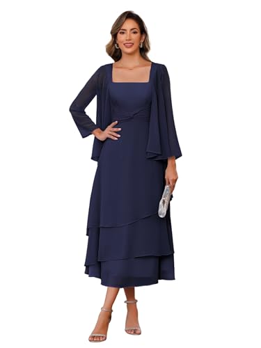Image of Dessiny Navy Blue Square Neck 2 Piece Mother of The Bride Dresses with Jacket Tea Length Chiffon Formal Evening Prom Dress for Women 2025 US8