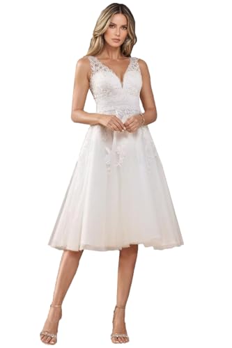 Beyonddress Midi Brautkleider für Braut Tee Länge Spitze Applikationen Hochzeitskleider für Frauen Tüll Abendkleider G-Elfenbein,DE34