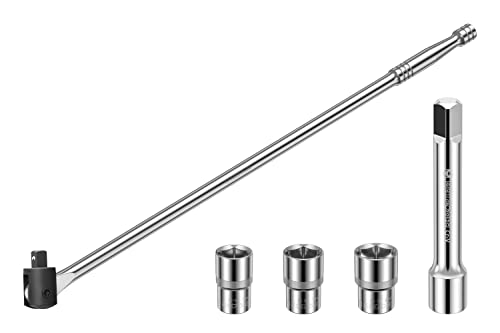 MAXPOWER 24 inch 1/2'' Drive Breaker Bar with Socket Set, 600mm Breaker Bar with 125mm Extension Bar and 17mm, 19mm, 21mm Socket
