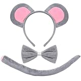 QTDS Mouse Ears Headband Costume Set Rat Ears Headband, Bow Tie and Tail 3 Pcs Halloween Costume Accessories Set - Grey Animal Mouse Rat Costumes for Halloween Cosplay Party Dress Up Accessories