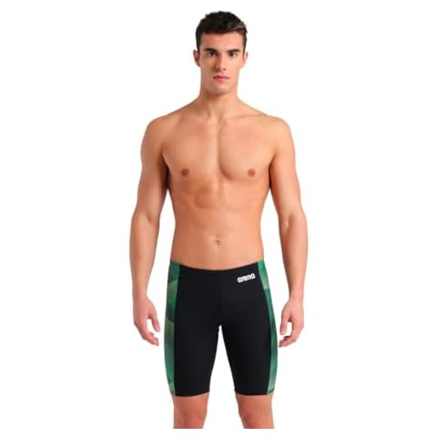 ARENA Mens Halftone Competitive Racing Jammers for Intensive Swimming, Reduced Drag Swimsuit,Black-Team Green Cover