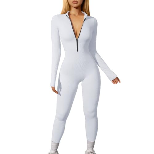 Mono para mujer, ajustado, largo, de manga larga, con cremallera, con cuello de pico, pantalones de peto, sexy, traje de deporte, ligero, de una pieza, cómodos, pantalones cortos de yoga, Blanco, S