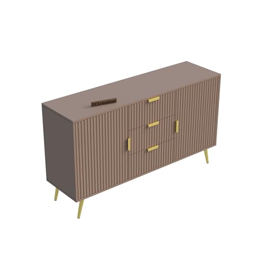 Image of Wooden Sideboard Cabinet for Living Room with 3 Drawers & 2 Doors Storage for Dining, Drawing and Home Office | HDMR Premium Wood & Iron | 58 x 15.74 x 30.70 Inch | Taupe & Golden