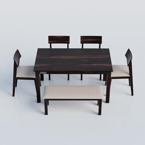Image of DRIFTINGWOOD Liana 6-Seater Dining Table Set - Sheesham Wood Walnut Finish with Table, 4 Cushioned Chairs & Bench - Ideal for Kitchen & Living Room - Assembly Required