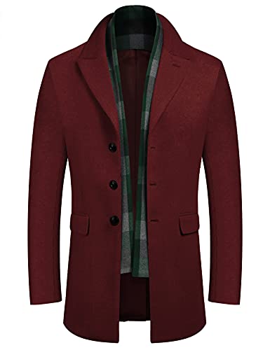COOFANDY Men's Christmas Wool Blend Jacket Single Breasted Pea Coats Short Trench Coat (Wine Red S)