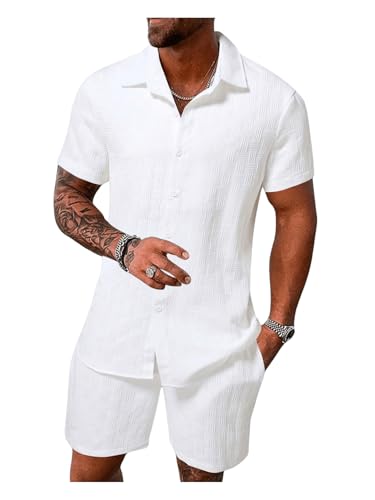 Men's 2 Piece Outfits Textured Button Down Shirts and Drawstring Waist Shorts Sets with Pocket3