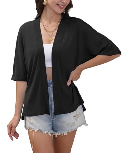 Women\'s Kimono-Style Short-Sleeve Cardigan Lightweight Summer Outerwear Light and Loose Fit Black S
