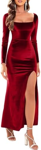 LAGSHIAN Women's Velvet Long Sleeve Bodycon Maxi Dress Square Nec...