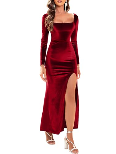 LAGSHIAN Women's Velvet Long Sleeve Bodycon Maxi Dress Square Neck High Waist Slit Party Long Dresses Red