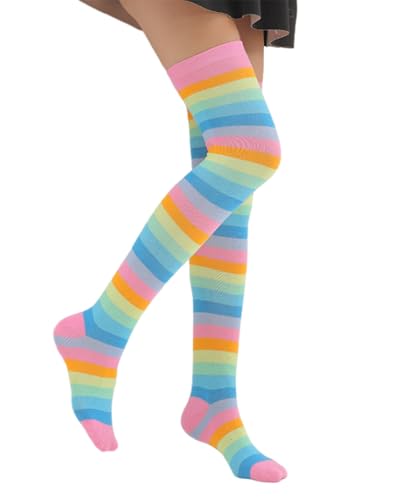 Image of Womens Thigh High Socks Athletic Stripe Cute Colorful Over the Knee High Sock Colorful Long Tube Sock