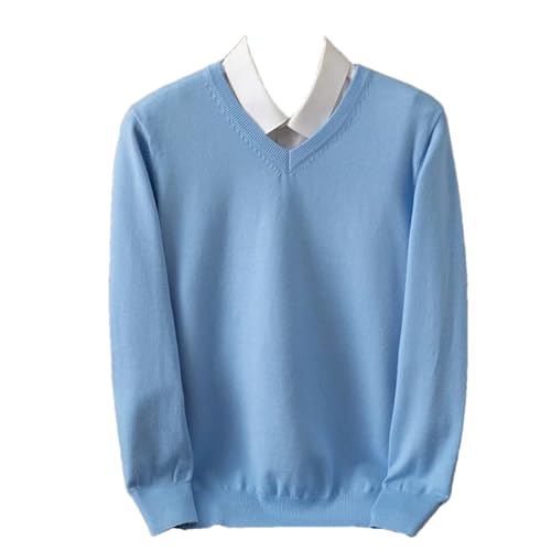 Men Cashmere Sweater Thick Pullover Autumn Winter Warm Classic V-Neck Jumper Light Blue