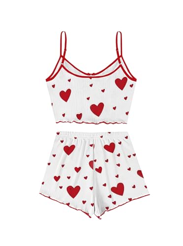 Image of Hilinker Womens Graphic Print Ribbed PJ Set Crop Cami Tops and Shorts Cute Pajamas Set