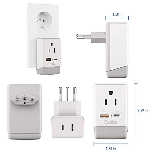 Ceptics Brazil Rio Power Plug Adapter Travel QC 3.0 & PD, Safe Dual USB & USB-C - 2 USA Socket Compact & Powerful - Supports Quick Charge 3.0 & Power Delivery - Type N AP-11C - Fast Charging