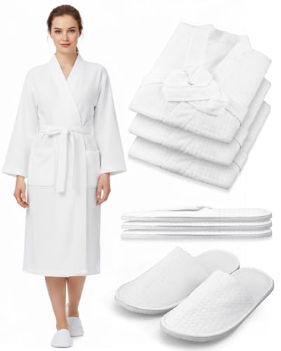 Image of Jecery Waffle Bathrobe and Slippers Bulk Set Spa Robes Hotel Bath Lightweight Thin Commercial Soft for House Shower Party