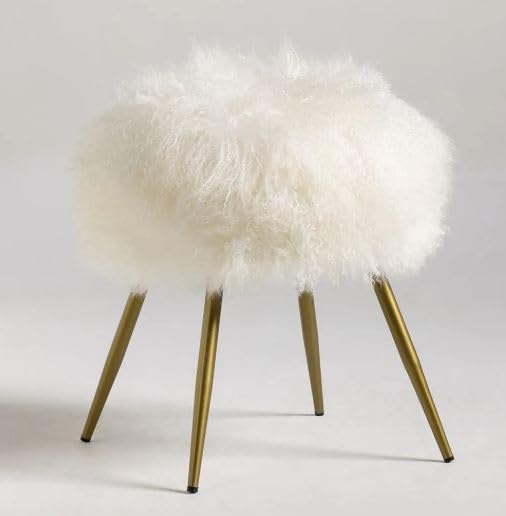 Super-Soft White Mongolian Fur top | Tapered Metal Legs | Chic Accent Footstool with Alpine-Inspired Style (White)-image-46