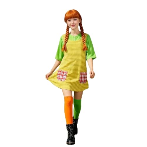 Mädchen Langstrumpf Kostüm für Kinder Erwachsene 3-teilig T-Shirt Schürze Strümpf Filmkostüm Mädchen Damen Lustige Faschingskostüm Playful Patchwork Karneval Verkleidung Mottoparty Rollenspiel