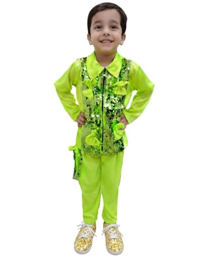 Image of BookMyCostume Light Green Annual Day Dance Dress for Boys | Full Sleeves Sequin Collared Shirt with Matching Pants | Western Dance Costume for Kids | Stylish Fancy Dress | 10-12 Years