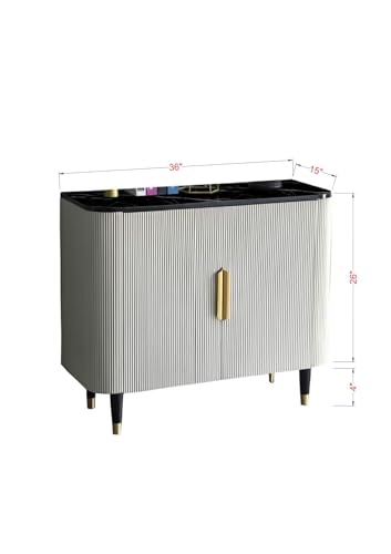 Image of Boston Console Table, Black Marble Top, Charcoal Louvers, Golden Accents, 36x15x30 Inch, Waterproof Plywood, 3-Shelf Storage Cabinet, Elegant Entryway or Living Room Display Table