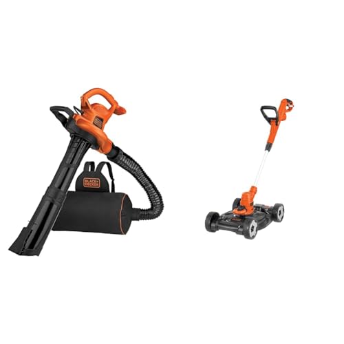 BLACK+DECKER Leaf Blower Vacuum Back Pack and Mulcher, Power Boost up to 250 MPH, 400 CFM, Corded (BEBL7000-CA) & 3-in-1 String Trimmer/Edger & Lawn Mower, 6.5-Amp, 12-Inch, Corded (MTE912)