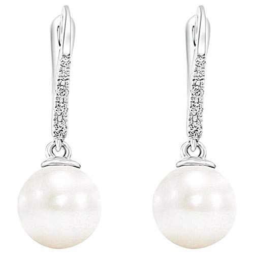 14K White Gold 0.085Ctw Diamond-Accented 8Mm-8.5Mm Aaaa White Freshwater Cultured Pearl Lever-Back Bridal Dangle Drop Earrings (.085Ctw, G-H Color, Si2-I1 Clarity) #TOP27