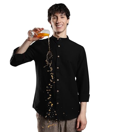 Image of TURMS Men's Casual Solid Linen Shirt | Water Repellent | Anti Stain Anti Odor | Kansas Linen | Mandarin Collar | Full Sleeves