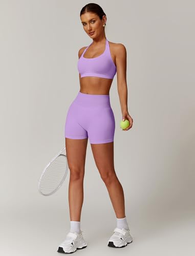 Image of ABOCIW Workout Sets for Women 2 Piece seamless Halter Sports Bra Scrunch Butt Impact Shorts Gym Yoga Outfits