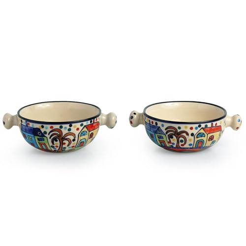 ExclusiveLane 'The Hut Handled Bowls' Ceramic Bowls for Serving Bowl Set (Microwave & Diswasher Safe, Set of 2, 260 ml, Multicolor) |Bowl for Kitchen Snacks Serving Bowl Ceramic Snack Bowl with Handle