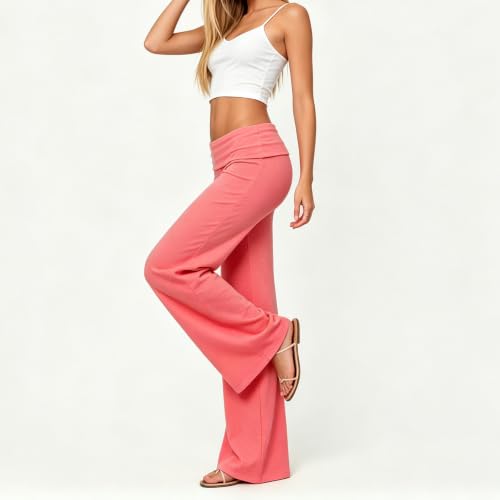 Image of Lounge Yoga Pants for Women Fold Over Low Waist Wide Leg Bell Bottoms | Y2K Foldover Pants, Flare Leggings, Low Rise Yoga Sweatpants