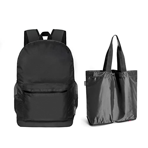 pack all Travel Packable Bag Bundle | 20L Lightweight Backpack(Black) & 16L Tote Bag Black(Black)