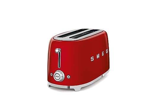 Image of Smeg Toaster, 2 Extra Wide Slot for 4 Slices, Original Italian Brand, Auto Center for Even Browning, Smart Crumb Tray, Multi-Use: Defrost, Reheat & Bagel, 6 Toast Levels, 1500W, TSF02RDEU, Red