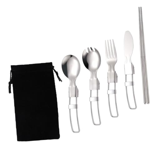 ELAYARD ステンレス製キャンプ用折りたたみカトラリー点 軽量耐久ポータブル食器収納袋付 ナイフ フォーク スプーン 箸 キャンプ 用