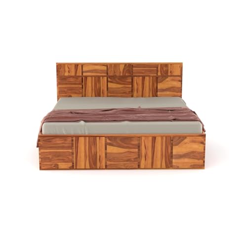 Image of Solid Sheesham Wood King Size Bed with Storage | Modern Wooden Bed with Box Storage | Strong Durable Bed Frame with Designer Headboard | Ideal for Bedroom Home & Hotel (Honey Finish)