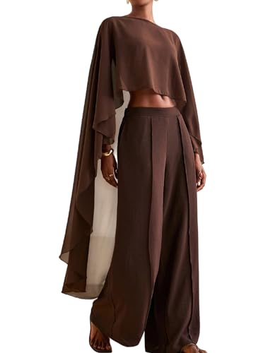 Women Long Chiffon Cape Flowy Mesh Sheer Poncho Capelets High Low Wraps Shawl Cape Top for Wedding Dress Evening(Brown One Size)