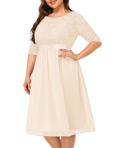 Pinup Fashion Übergröße, Spitze, Chiffon, Hochzeitskleid, Cocktail-Party, Midi-Kleid, Champagner, 44 Mehr