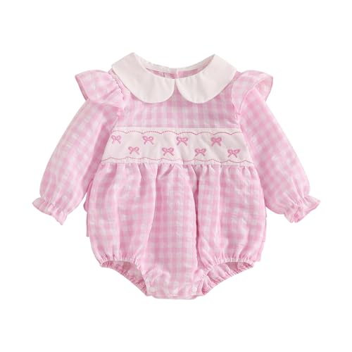 Adobabirl Infant Baby Girl Outfit Newborn Bow Bubble Romper Long Sleeve Embroidery Jumpsuit Cute Smocked Clothes