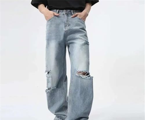Men Distressed Denim Pants Wide Leg Loose Fit Vintage Streetwear Trousers Casual Jeans3