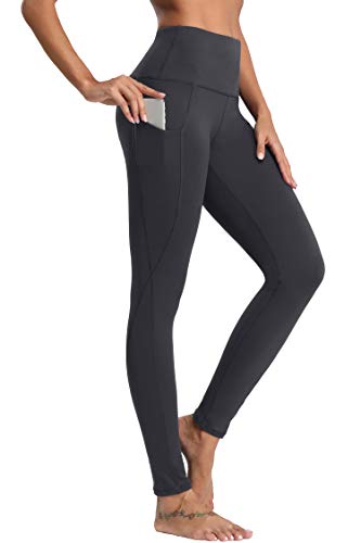 Oalka Women Yoga Pants Workout Running Leggings Outside Pockets Charcoal XL