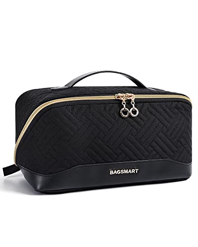 Image of BAGSMART Makeup Bag Cosmetic Bag, Travel Makeup Bag,Water-resistent Makeup Bags for Women Portable Pouch Open Flat Make Up Organizer Bag for Toiletries, Brushes Black