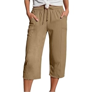 Onsoyours Hose Damen Sommer 3/4 Musselin Hose Casual Leichte Elastischer Bund Stoffhose Bequeme Locker Caprihose mit Taschen