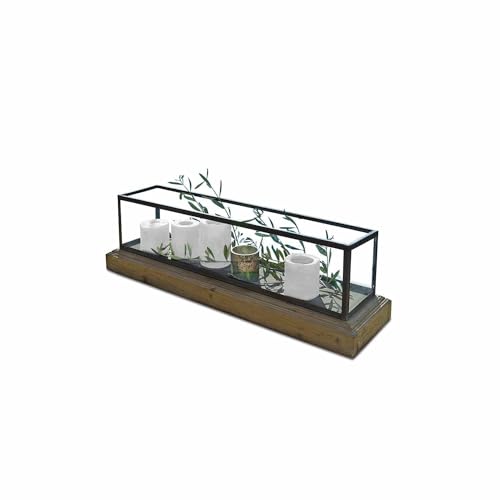 Loberon Windlicht Curgy - Stilvoller Stahl-Rahmen mit Glas, Tannenholzfuß, Vielseitig, 44.5x13 cm, braun/klar