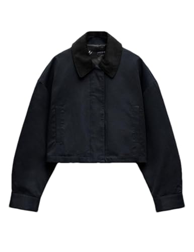 Women's Cropped Jacket Long Sleeve Zip Up Corduroy Collar Jackets Outwear with Pockets