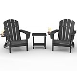 Folding Adirondack Chair Set of 2 with Side Table, All-Weather HDPE Outdoor Chair, Wooden Textured with Cup Holder for patios, Decks, Gardens, fire pits, Black