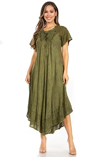 Image of Sakkas Egan Long Embroidered Caftan Dress /Cover Up with Embroidered Cap Sleeves