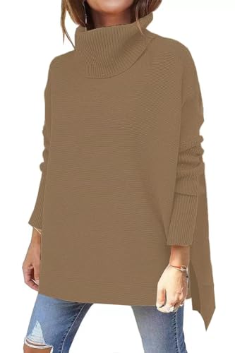 Image of Women's Turtleneck Oversized Sweaters Long Sleeve Split Hem Striped Knit Pullover Tops