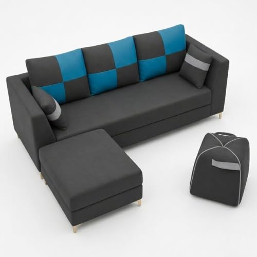 Image of FURNY Signature Cresta 5-Seater L-Shape Sofa Set with Movable Ottoman & Suri Pouf | Flexible LHS /RHS Layout | Boston Fabric | 40D Foam + Zigzag Spring | 3-Yr Warranty (Ash Grey-Aqua Blue)
